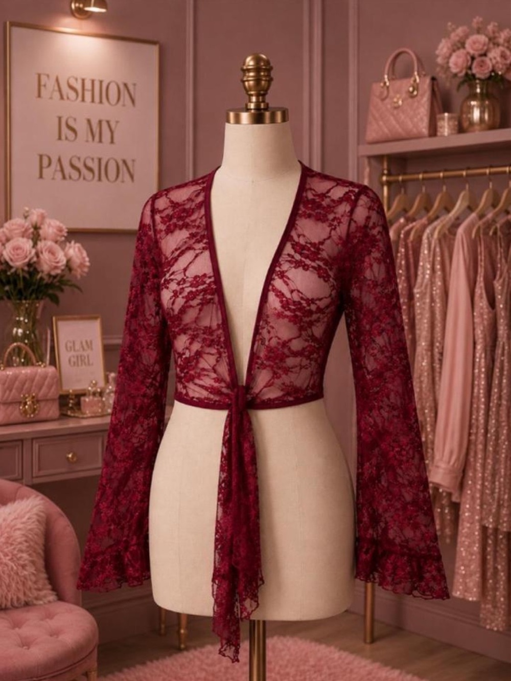 Sheer Lace Tie-Front cropped top - Burgundy